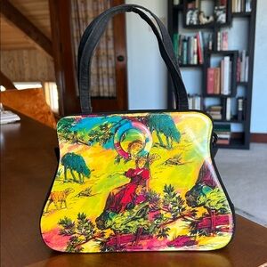 Vintage Angela Frascone resin handbag, vibrant pattern of women and sheep
